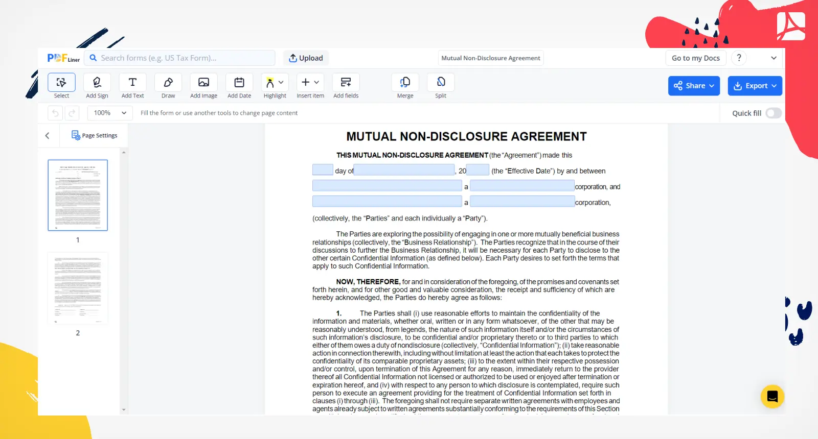 Mutual Non-Disclosure Agreement Screenshot