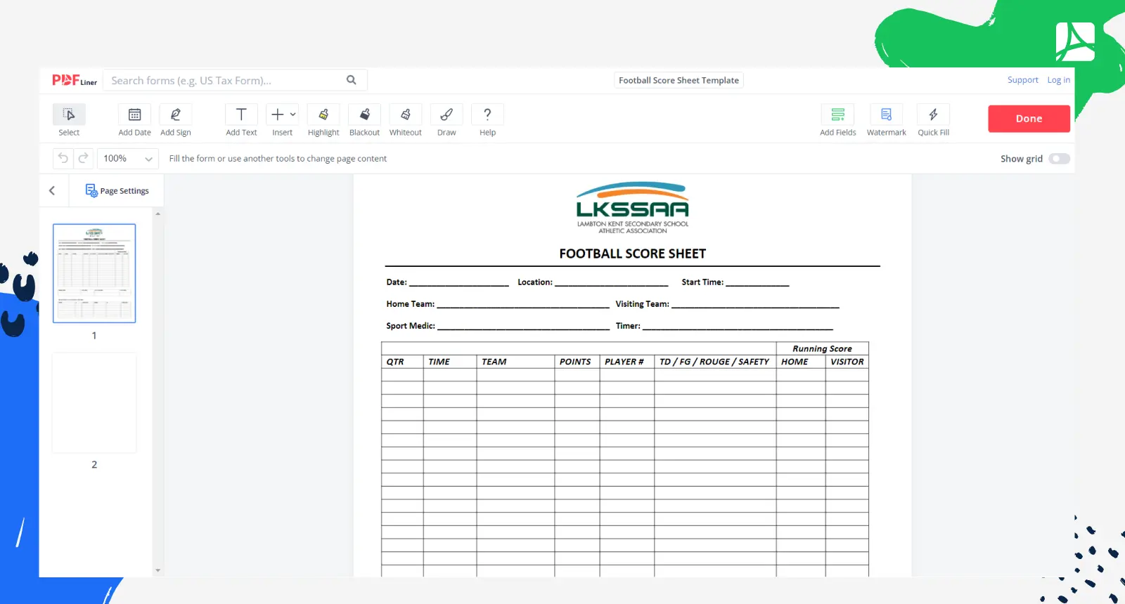 Football Score Sheet Template Form Screenshot