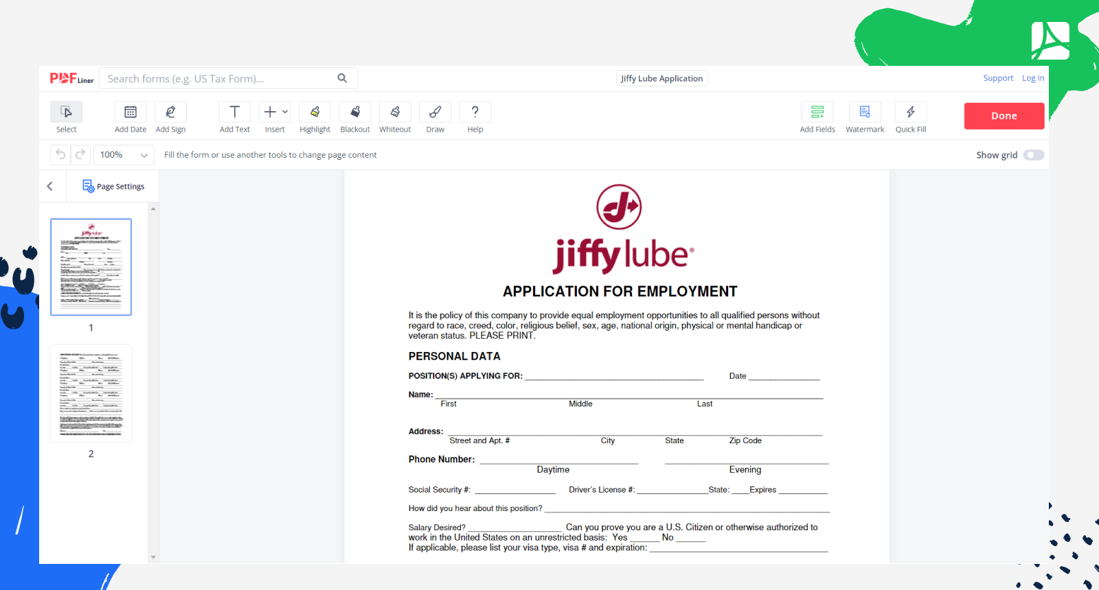 Jiffy Lube Application Form Screenshot