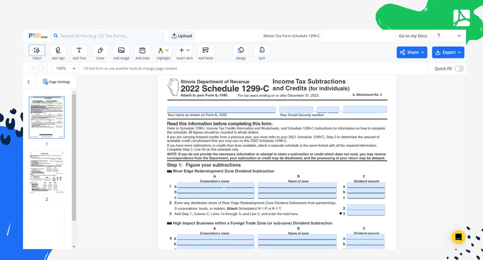 Illinois Tax Form Schedule 1299-C Screenshot
