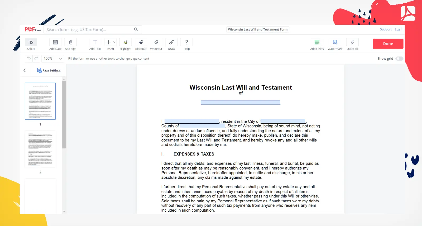 Wisconsin Last Will and Testament Form Screenshot