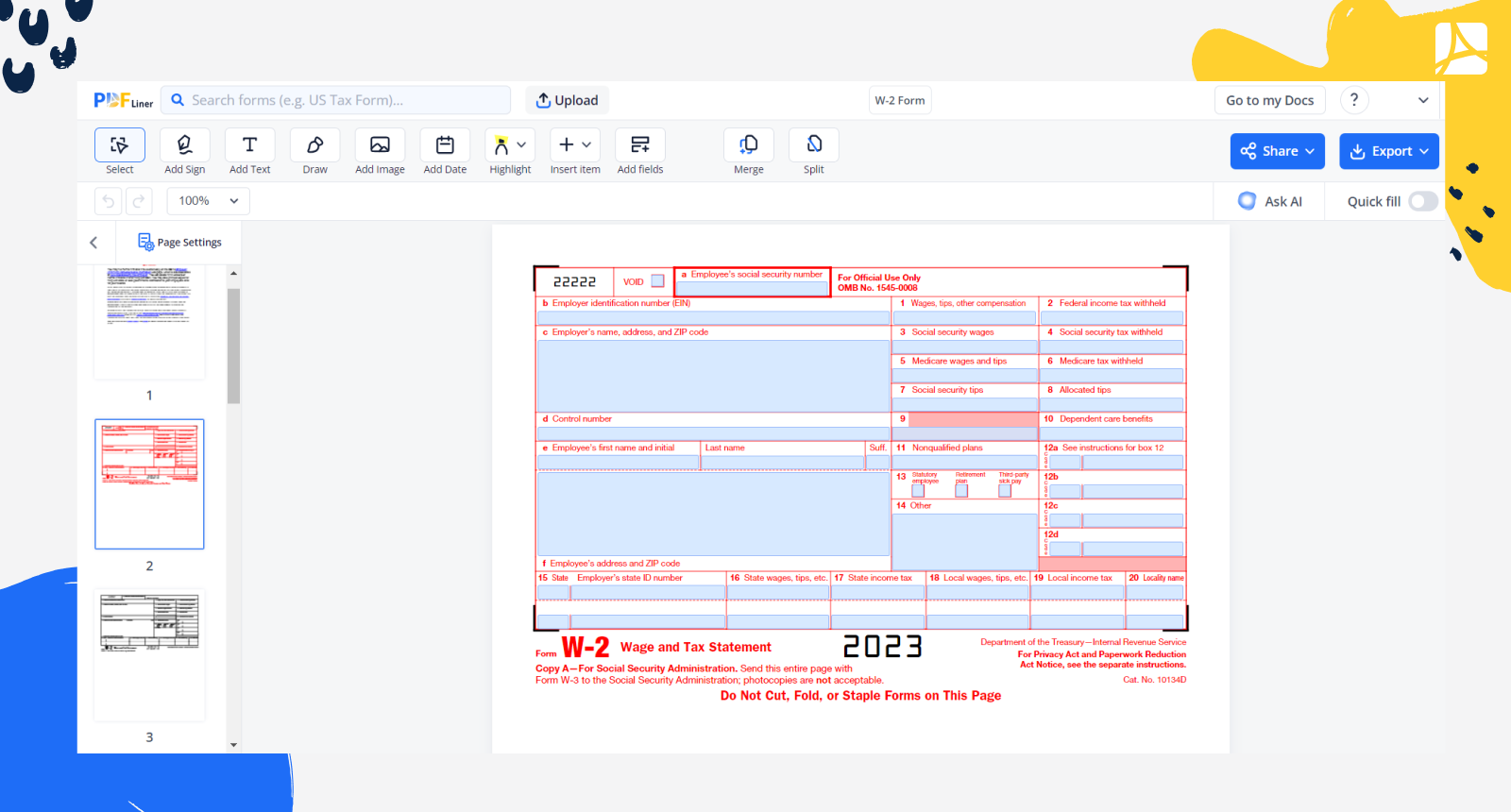 W2 Form 2023 PDF Printable Blank W2 Template PDFliner