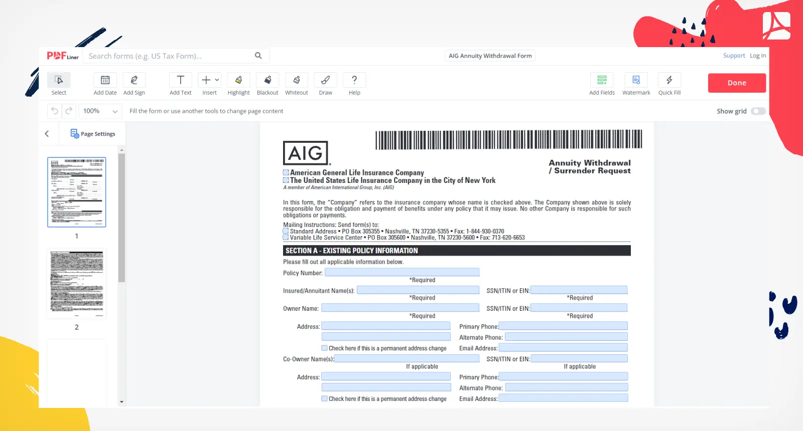 AIG Annuity Withdrawal Form Screenshot