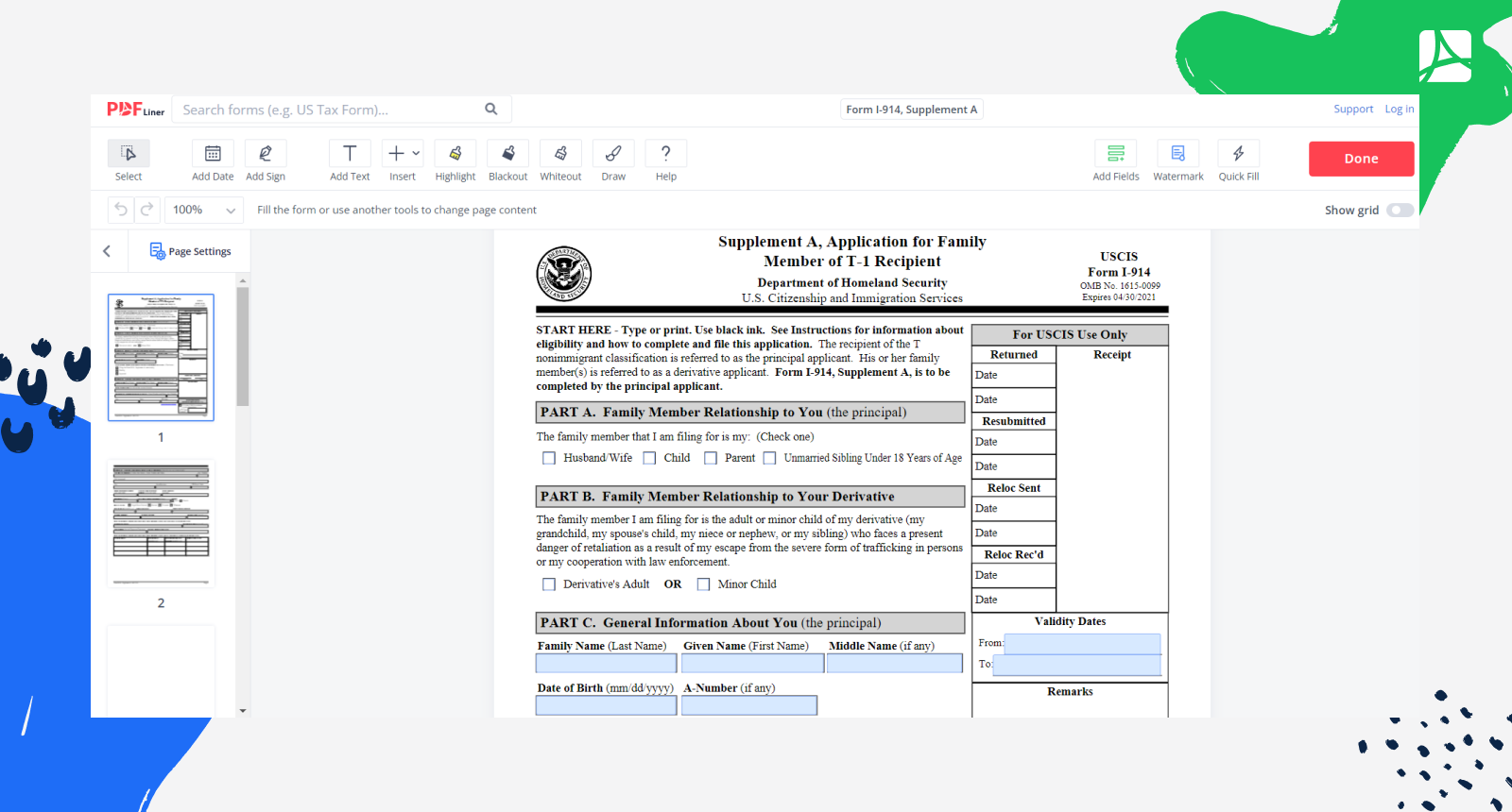 Form I-914, Supplement A Screenshot