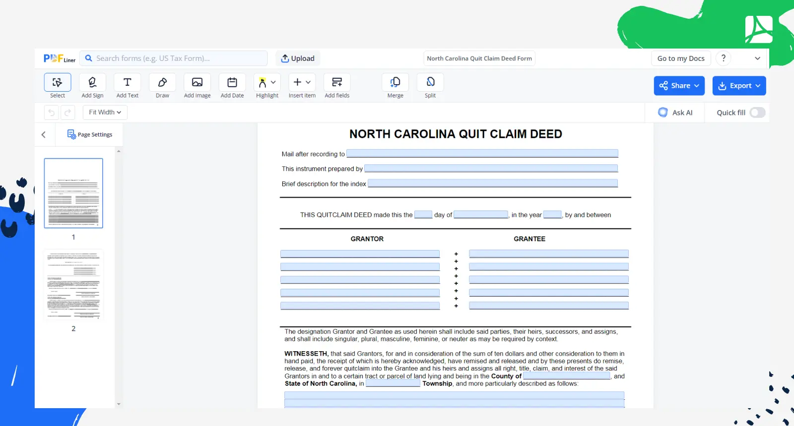North Carolina Quit Claim Deed Form Screenshot