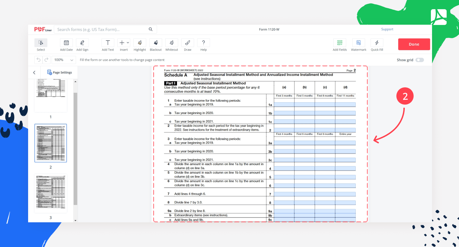 Form 1120-W in PDFLiner editor page 2
