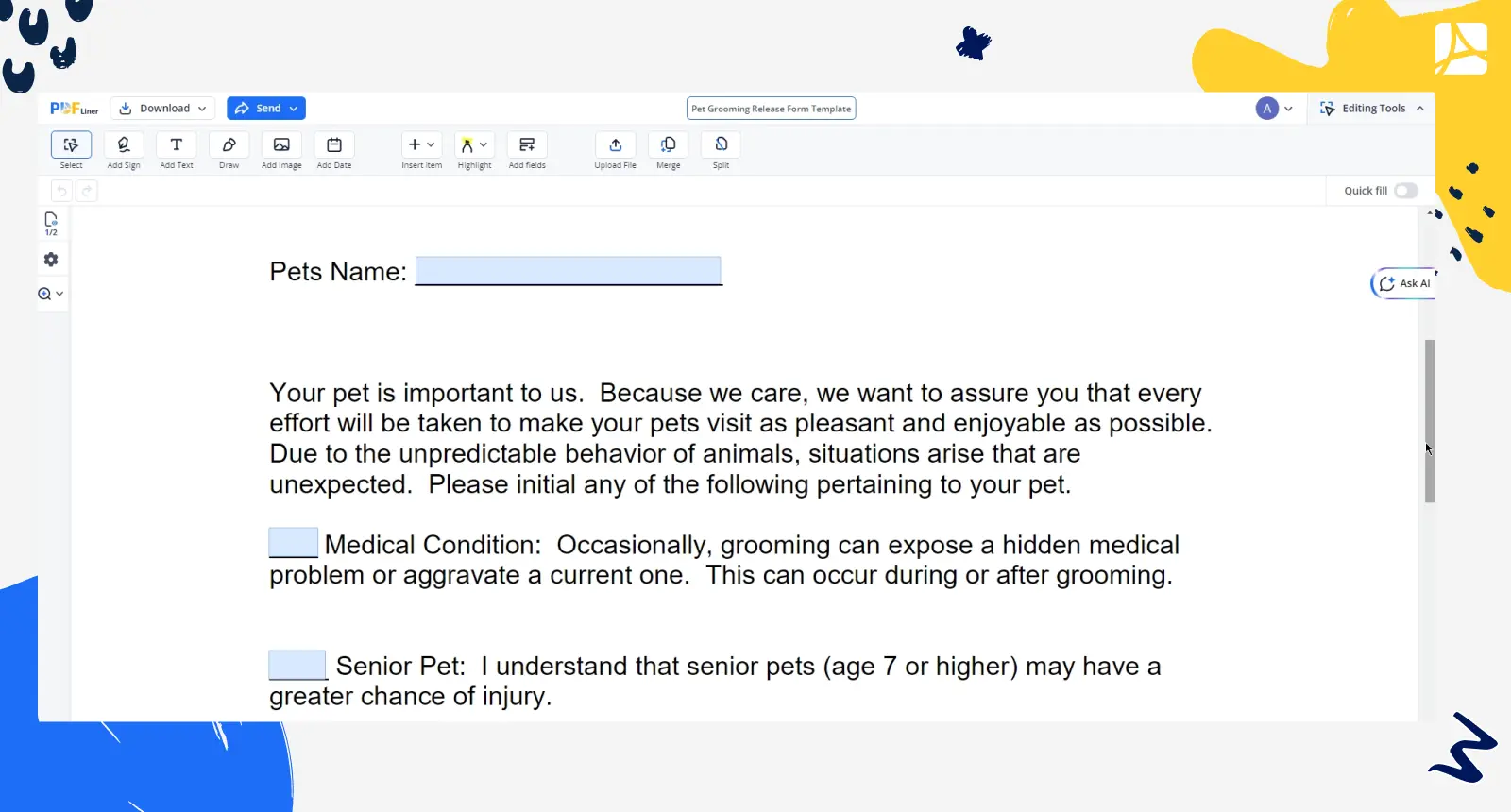 pet grooming release form template PDFliner screenshot