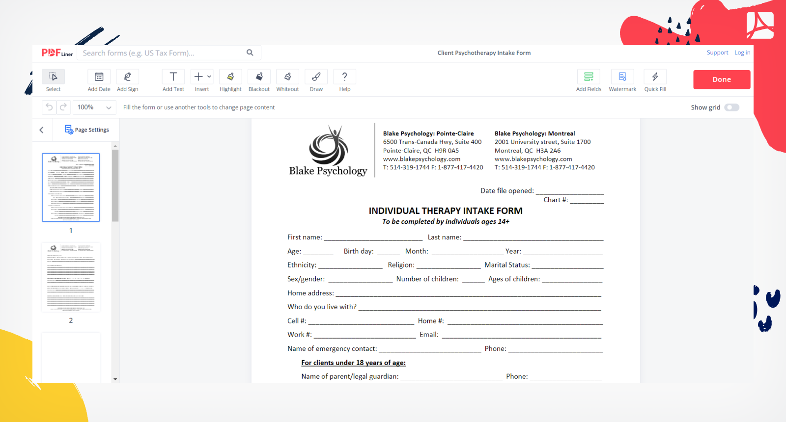 Client Psychotherapy Intake Form Screenshot