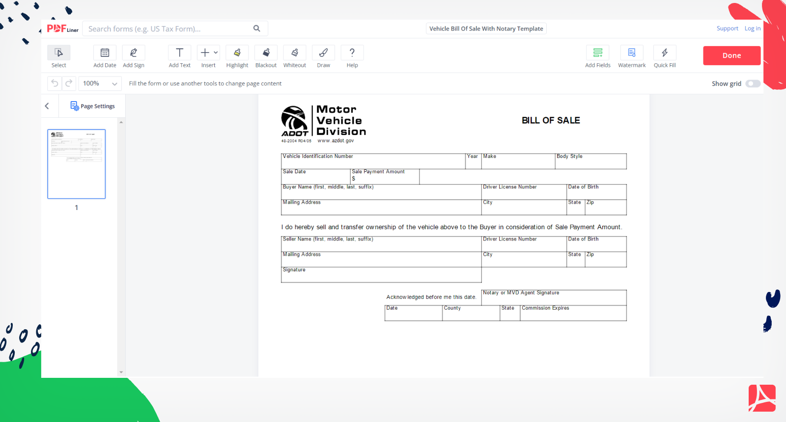Vehicle Bill Of Sale With Notary Template Form Screenshot