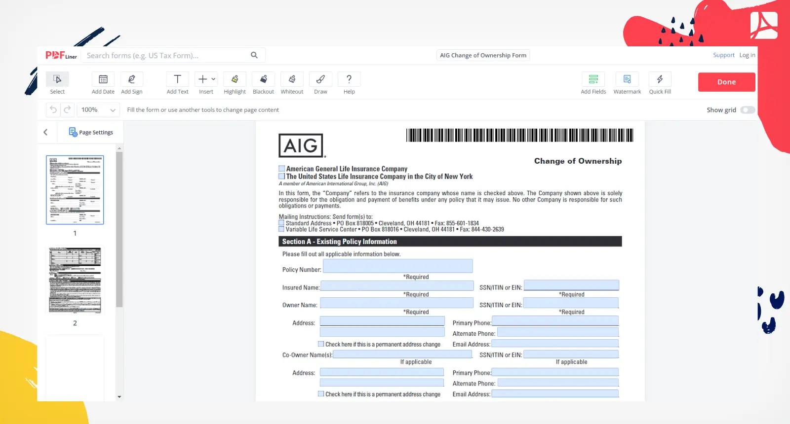 AIG Change of Ownership Form Screenshot
