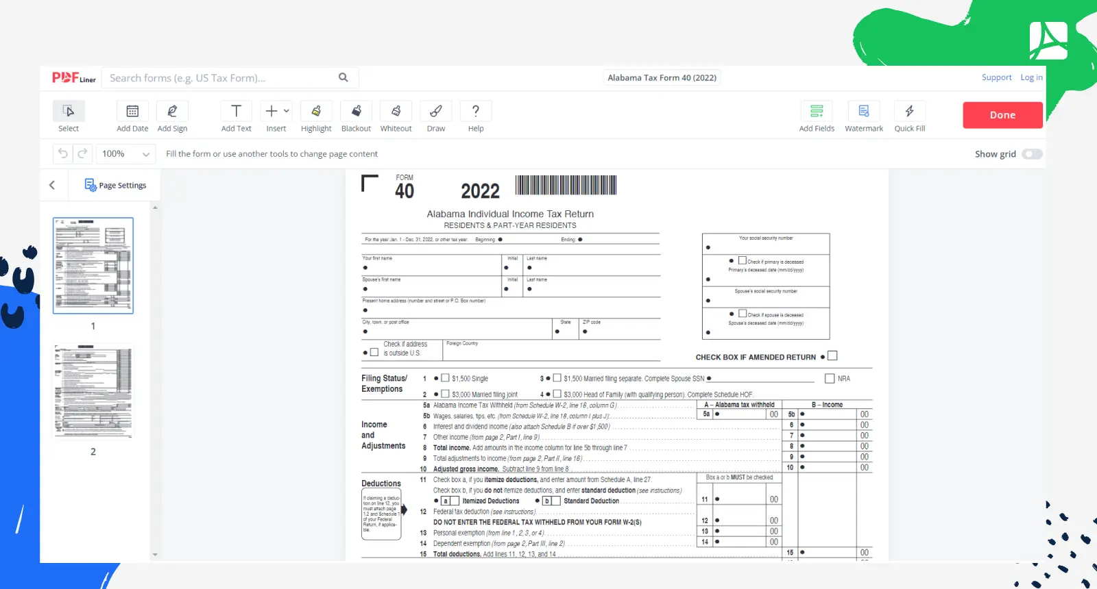 Alabama Tax Form 40 (2022) Screenshot
