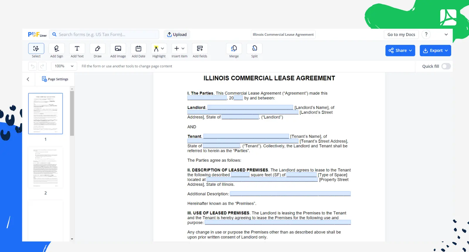 Illinois Commercial Lease Agreement Screenshot