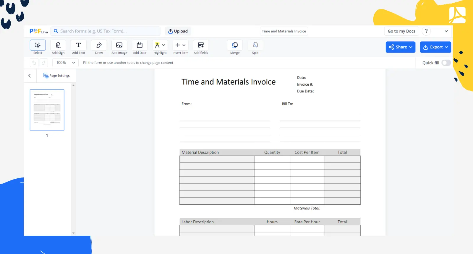 Time and Materials Invoice Screenshot