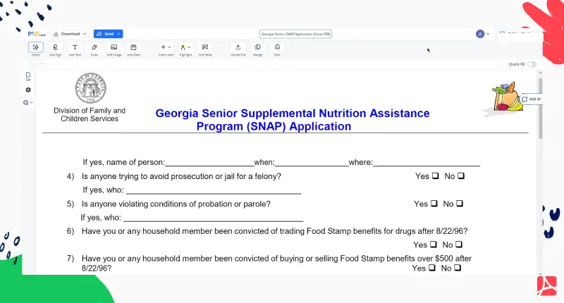 Georgia Senior SNAP Application (Form 298) screenshot