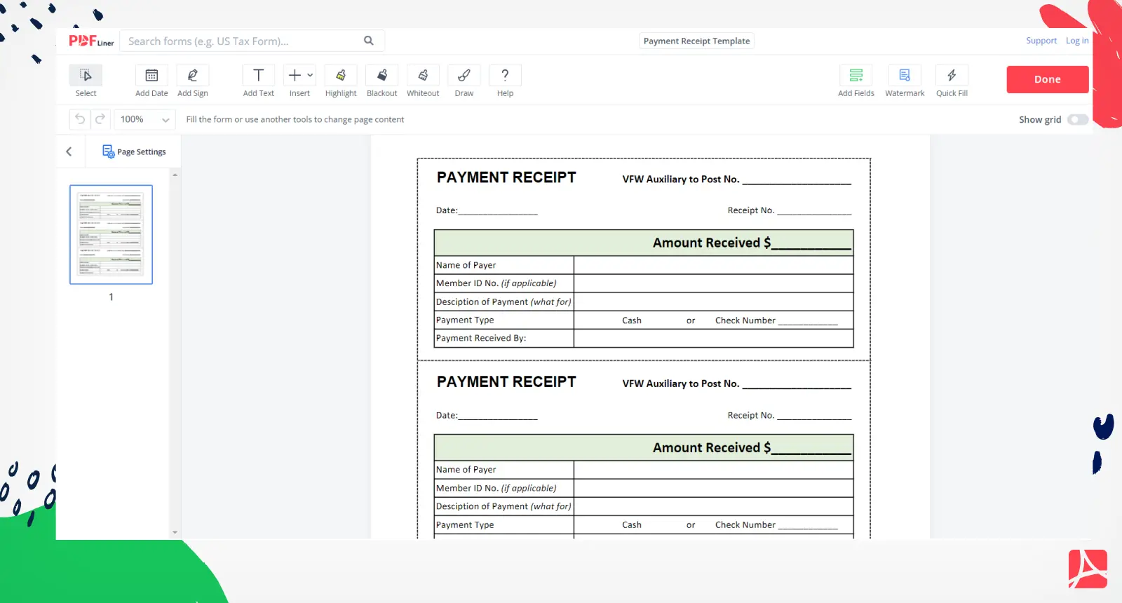Payment Receipt Template Form Screenshot