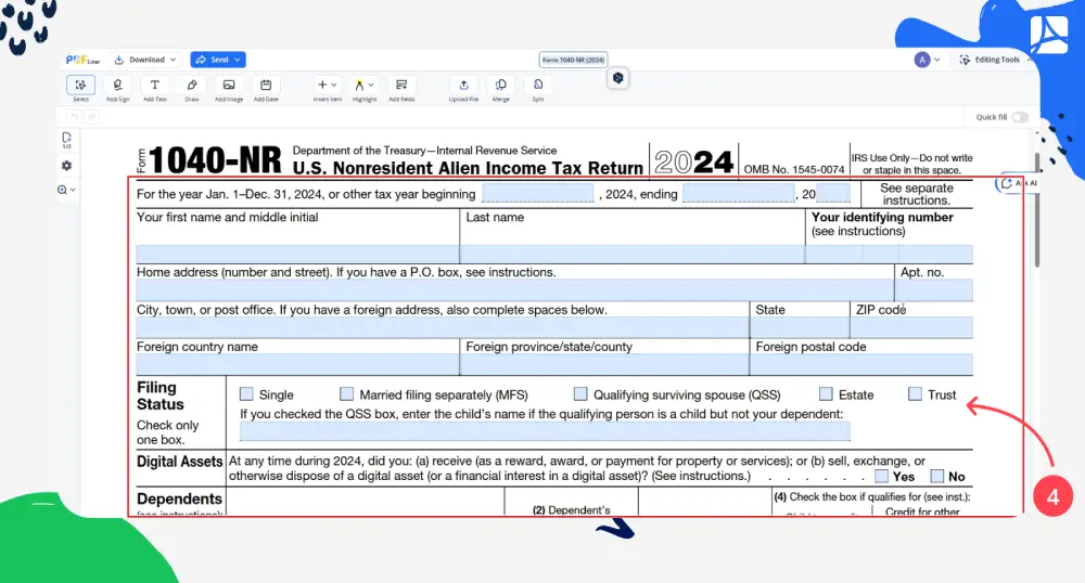 Form 1040-NR filling step 4 screenshot