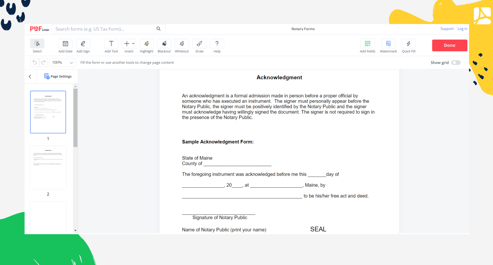Notary Acknowledgement Form Screenshot