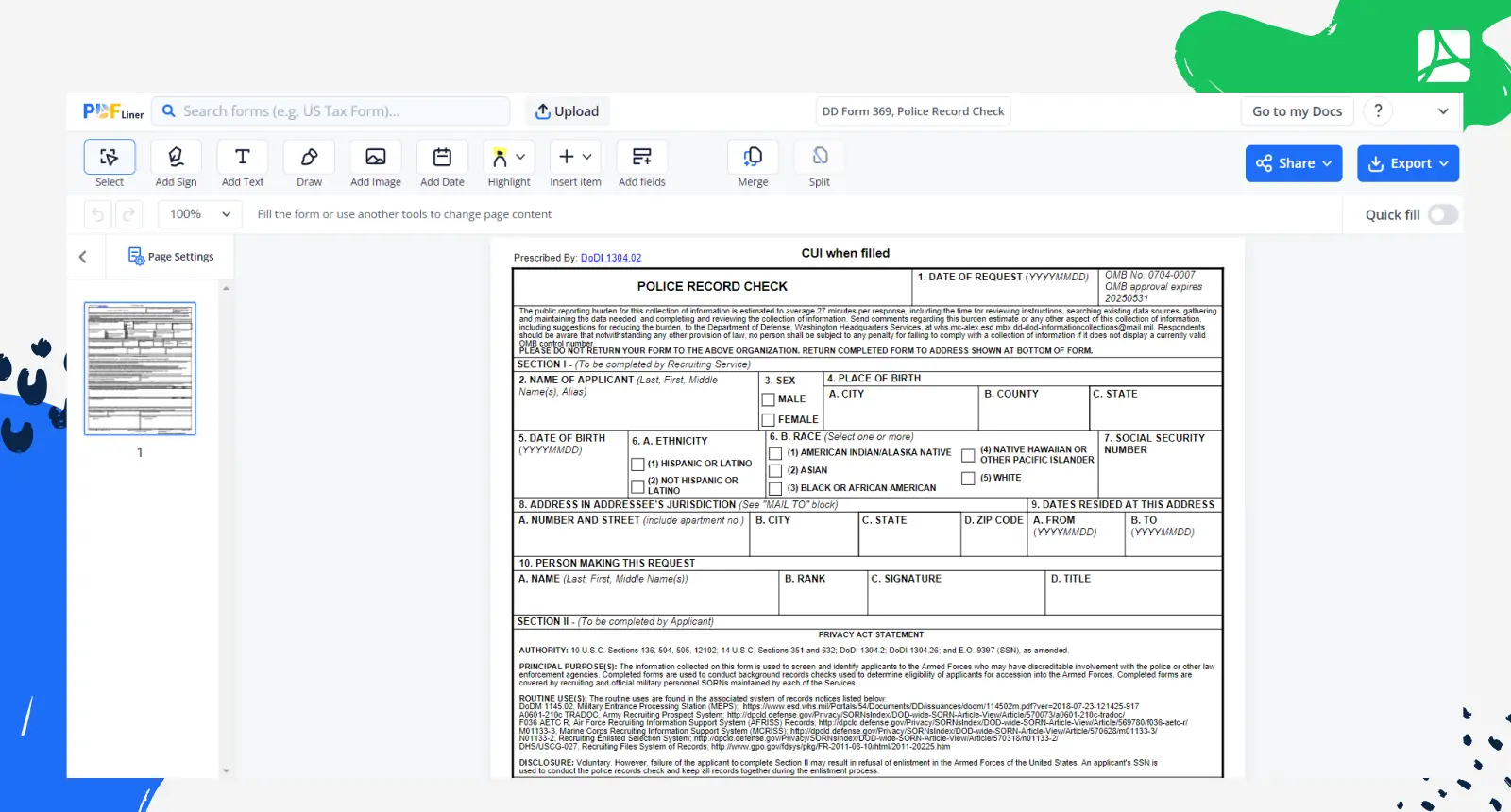 DD Form 369 Police Record Check Screenshot 1