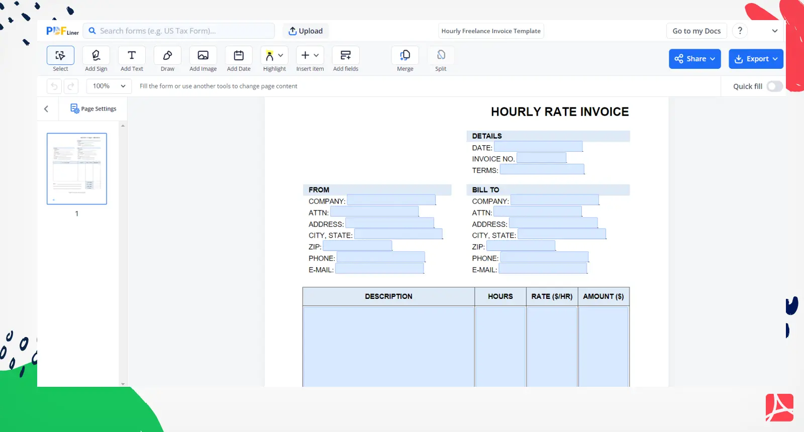 Hourly Freelance Invoice Template Screenshot