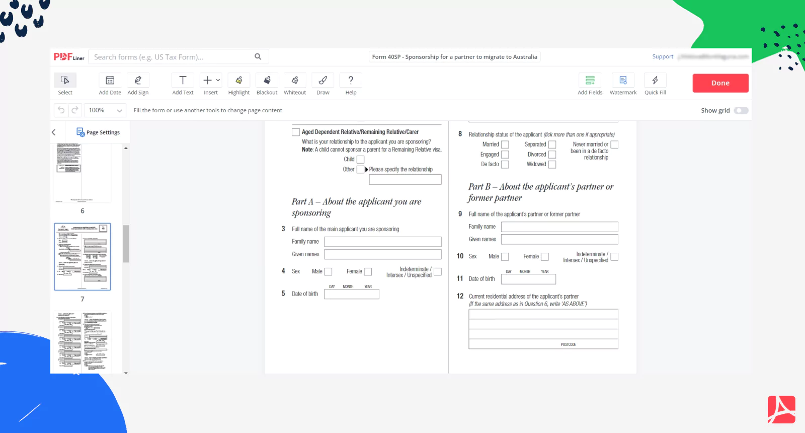 Filling the Form 40SP on PDFLiner