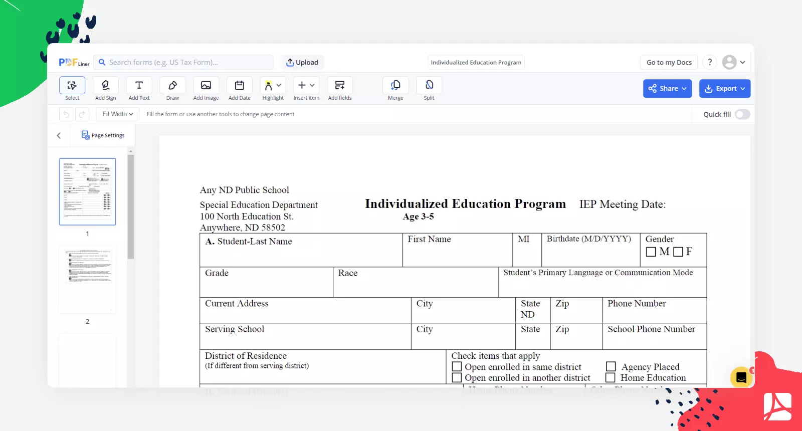 Individualized Education Program form screenshot