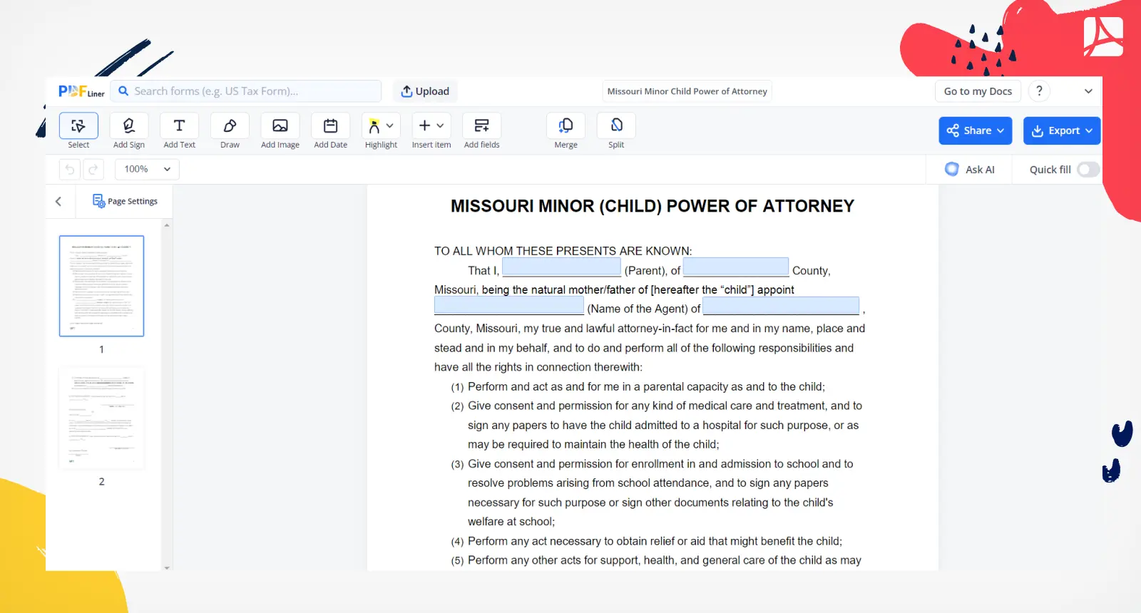 Missouri Minor Child Power of Attorney Screenshot