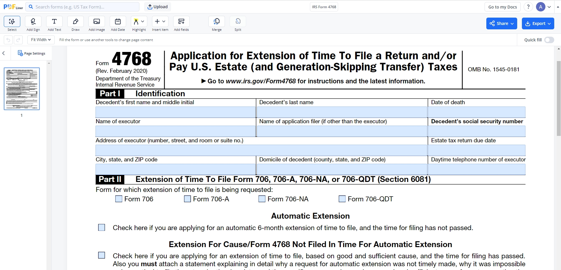 IRS Form 4768 screenshot