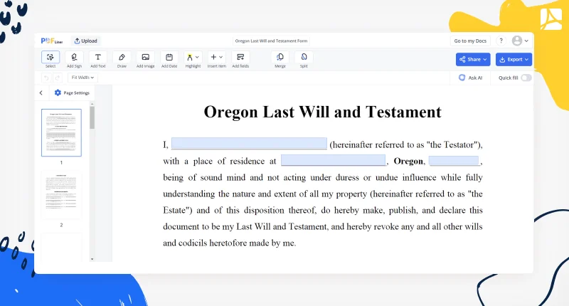 Oregon Last Will and Testament screenshot