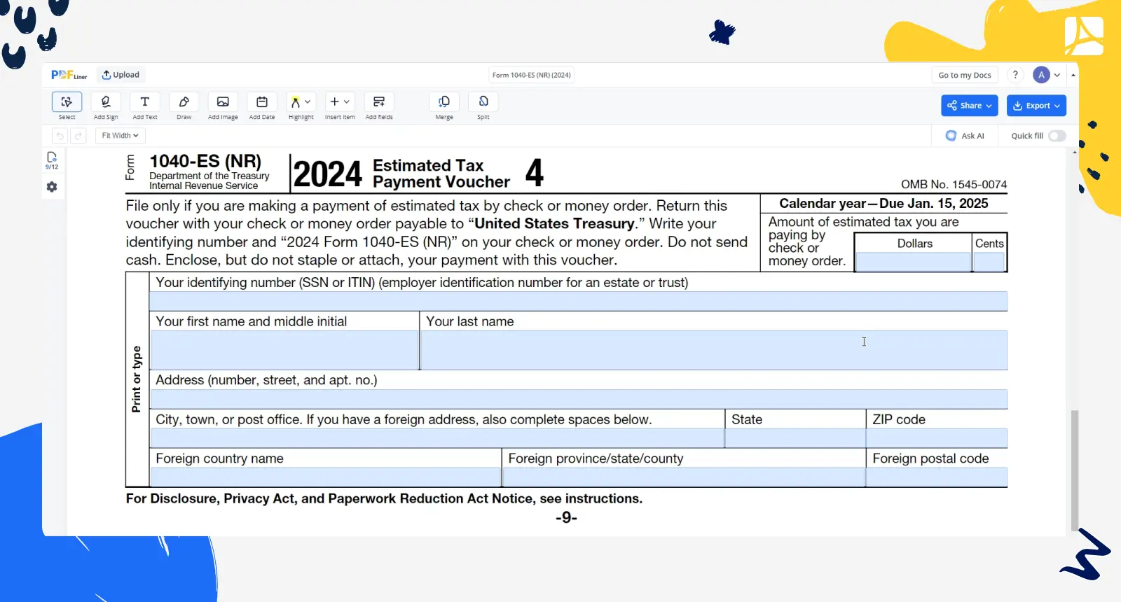 Form 1040-ES (NR) (2024) PDFLiner screenshot