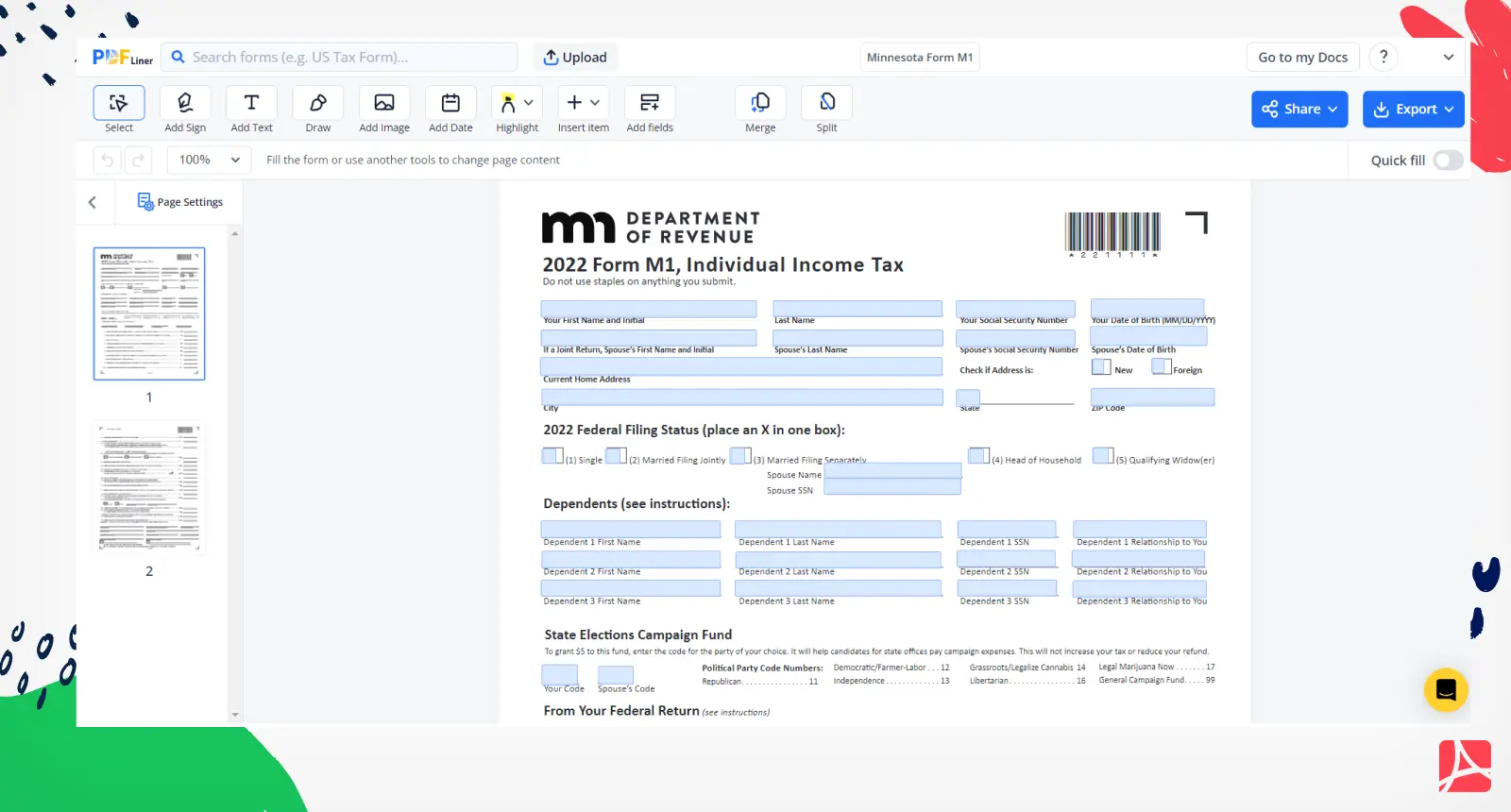 Minnesota Form M1 Screenshot