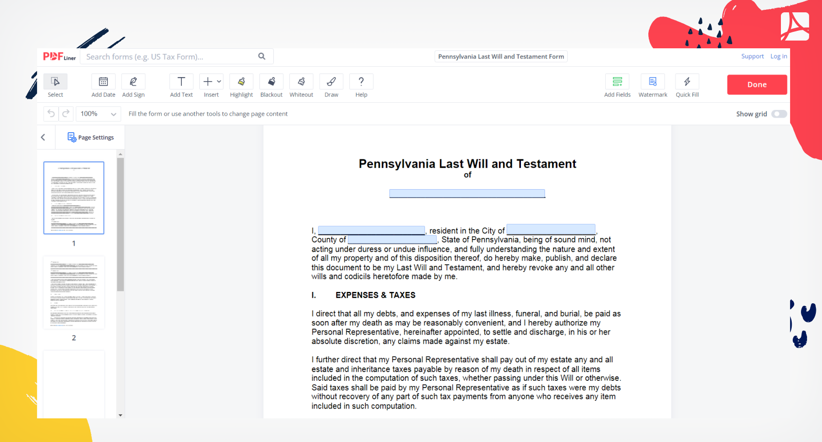 Pennsylvania Last Will and Testament Form Screenshot