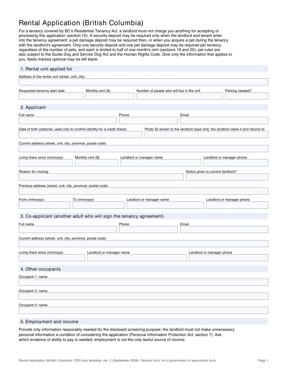 BC rental application template, page 1 (PDFLiner)