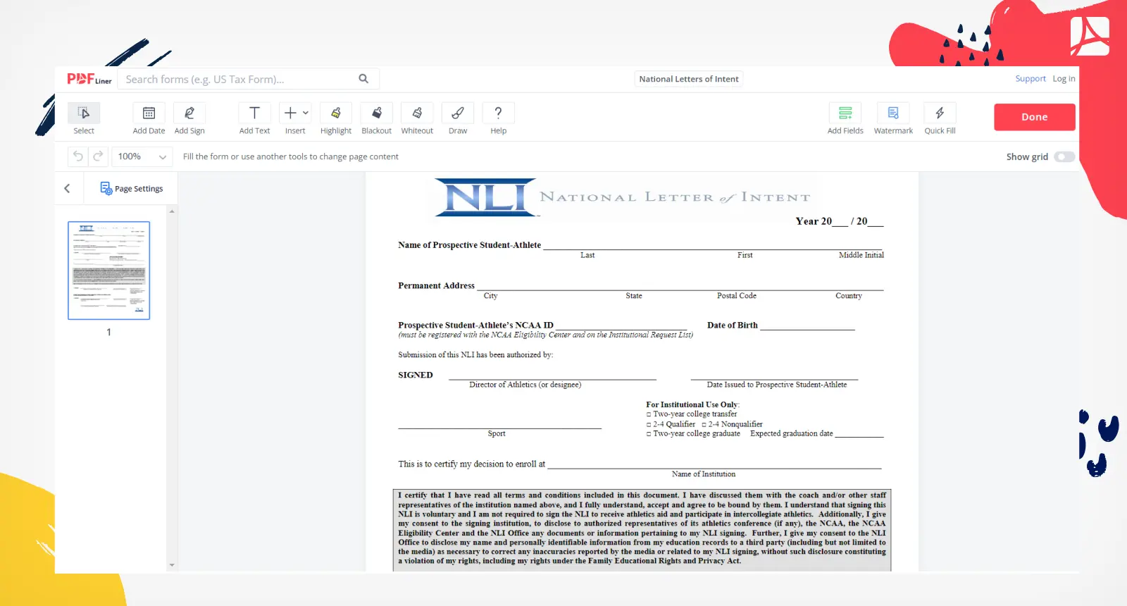 National Letters of Intent Form Screenshot