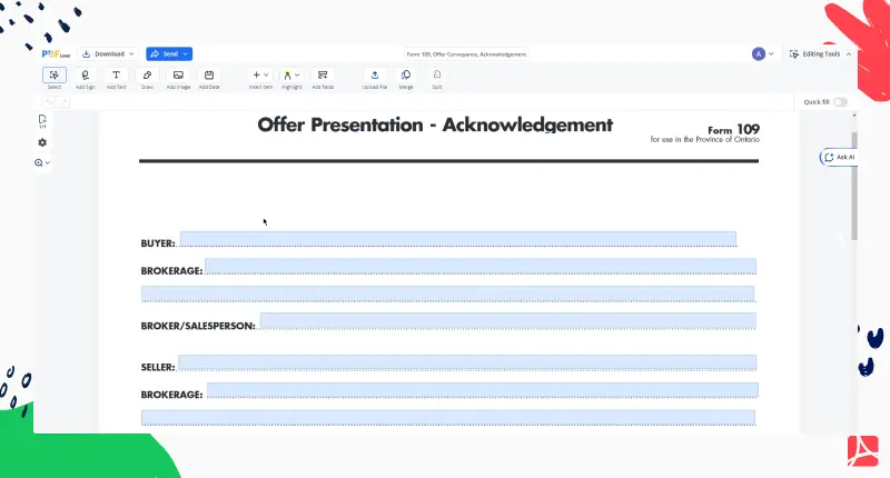 form-109-offer-conveyance-acknowledgement screenshot