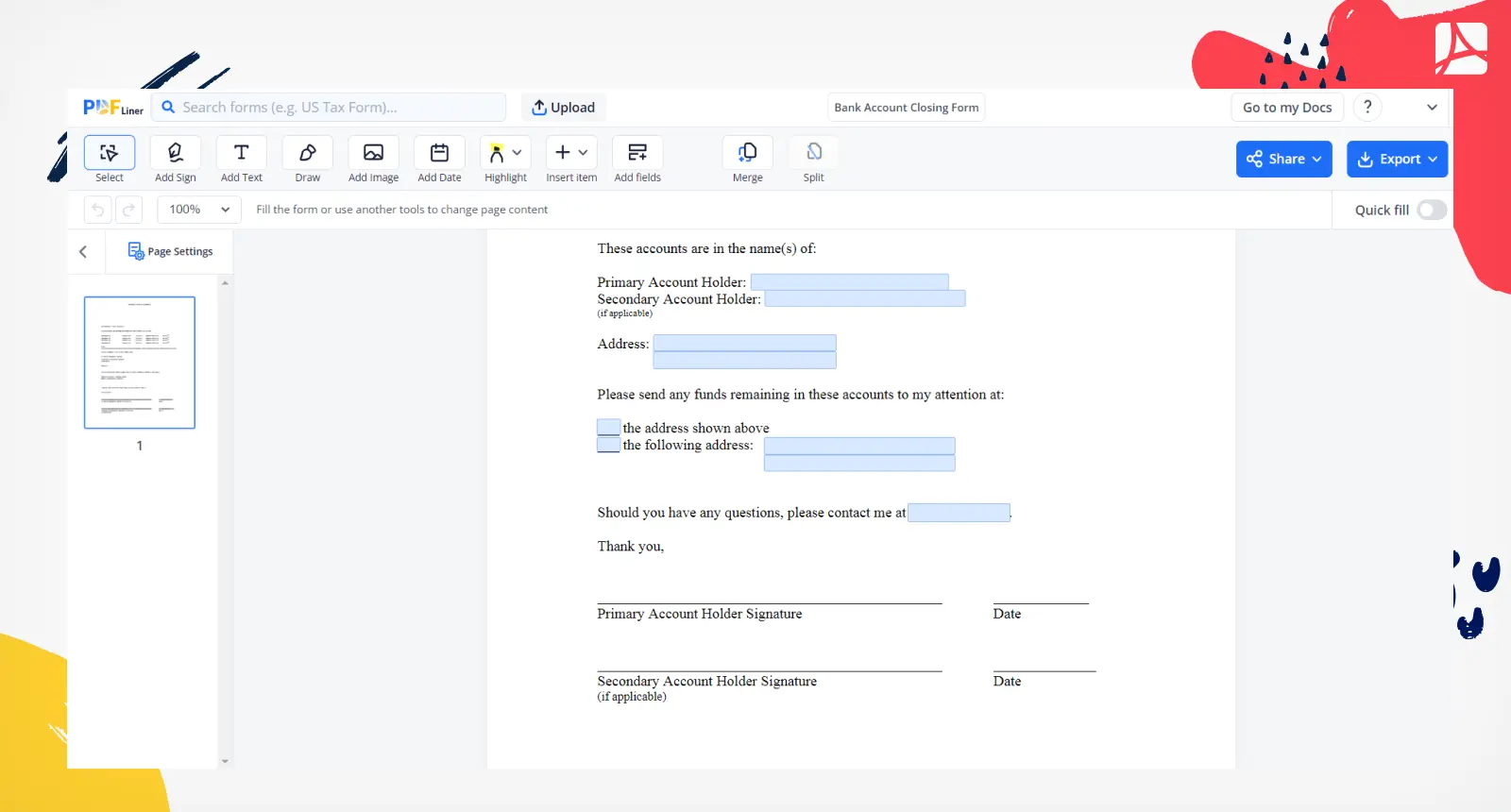 Bank Account Closing Form Screenshot 2