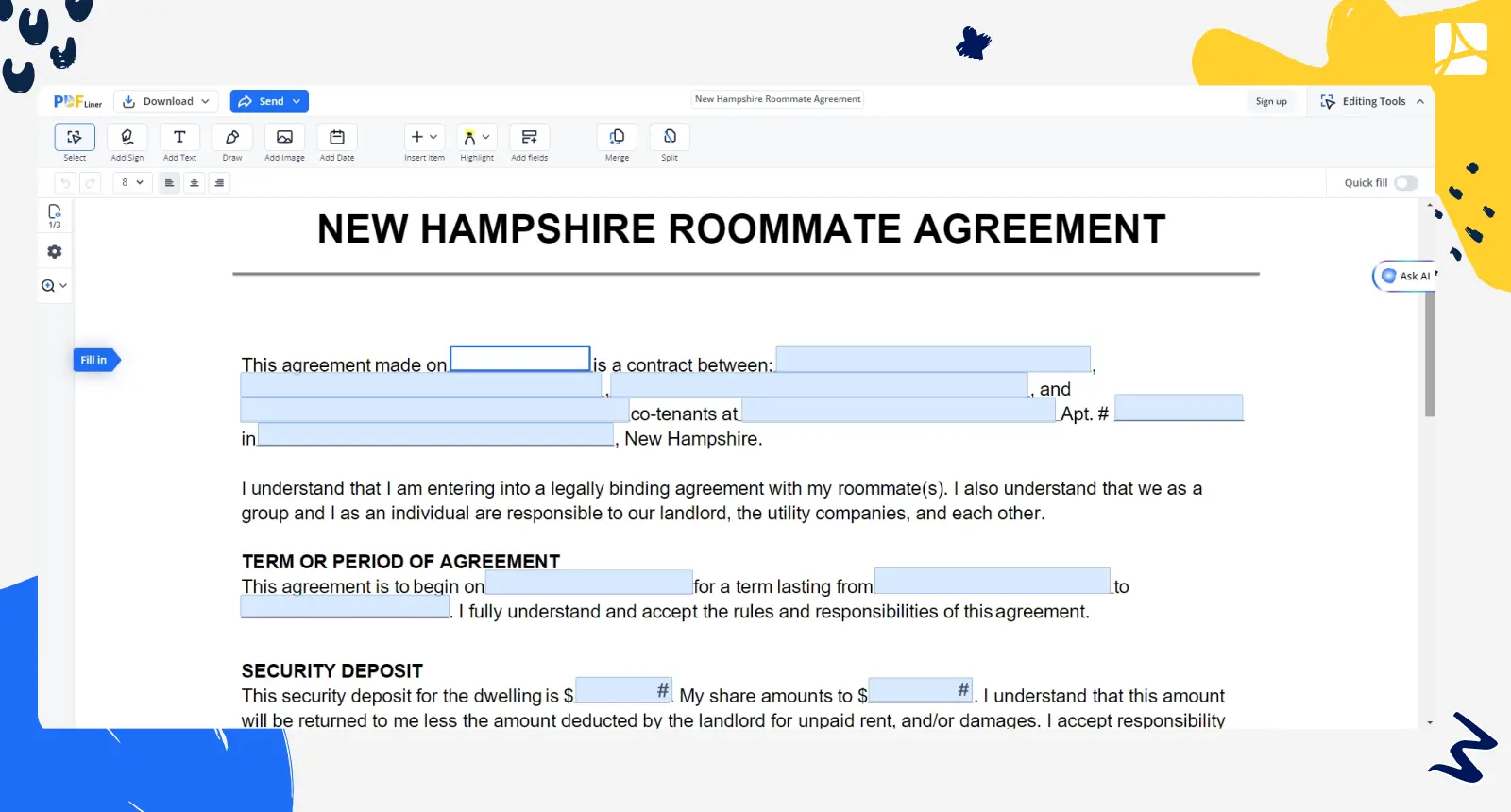 New Hampshire Roommate Agreement PDFLiner screenshot