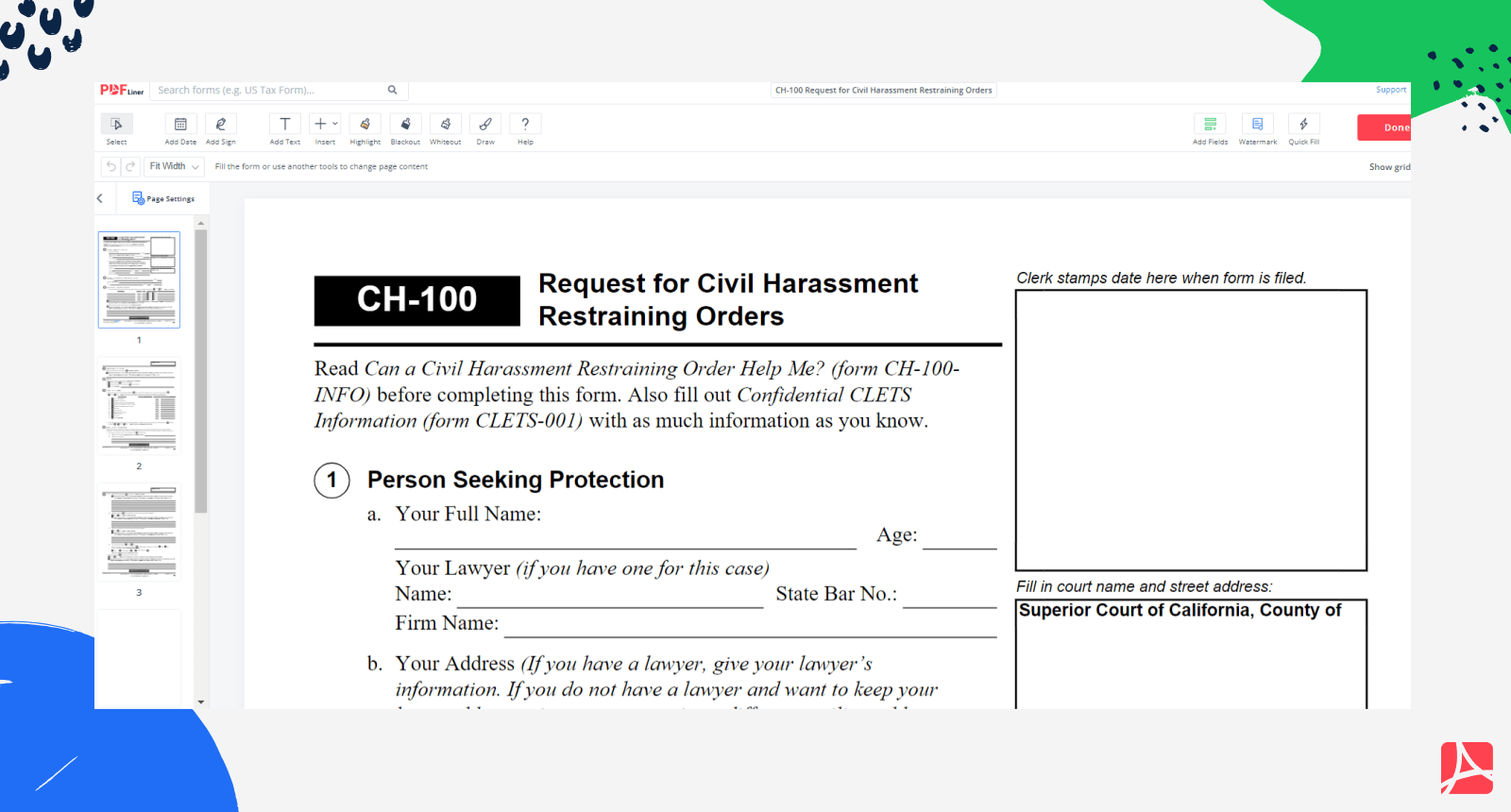 CH-100 Request for Civil Harassment Restraining Orders on PDFLiner