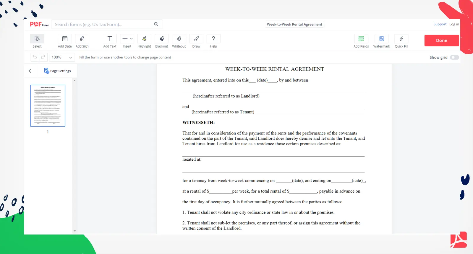 Week-to-Week Rental Agreement Form Screenshot