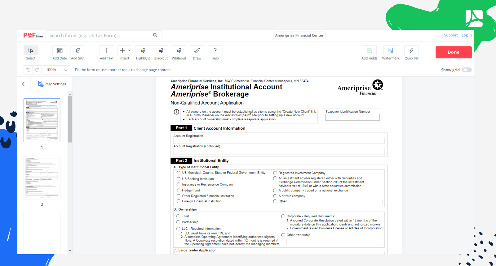 Ameriprise Financial Center Form Screenshot