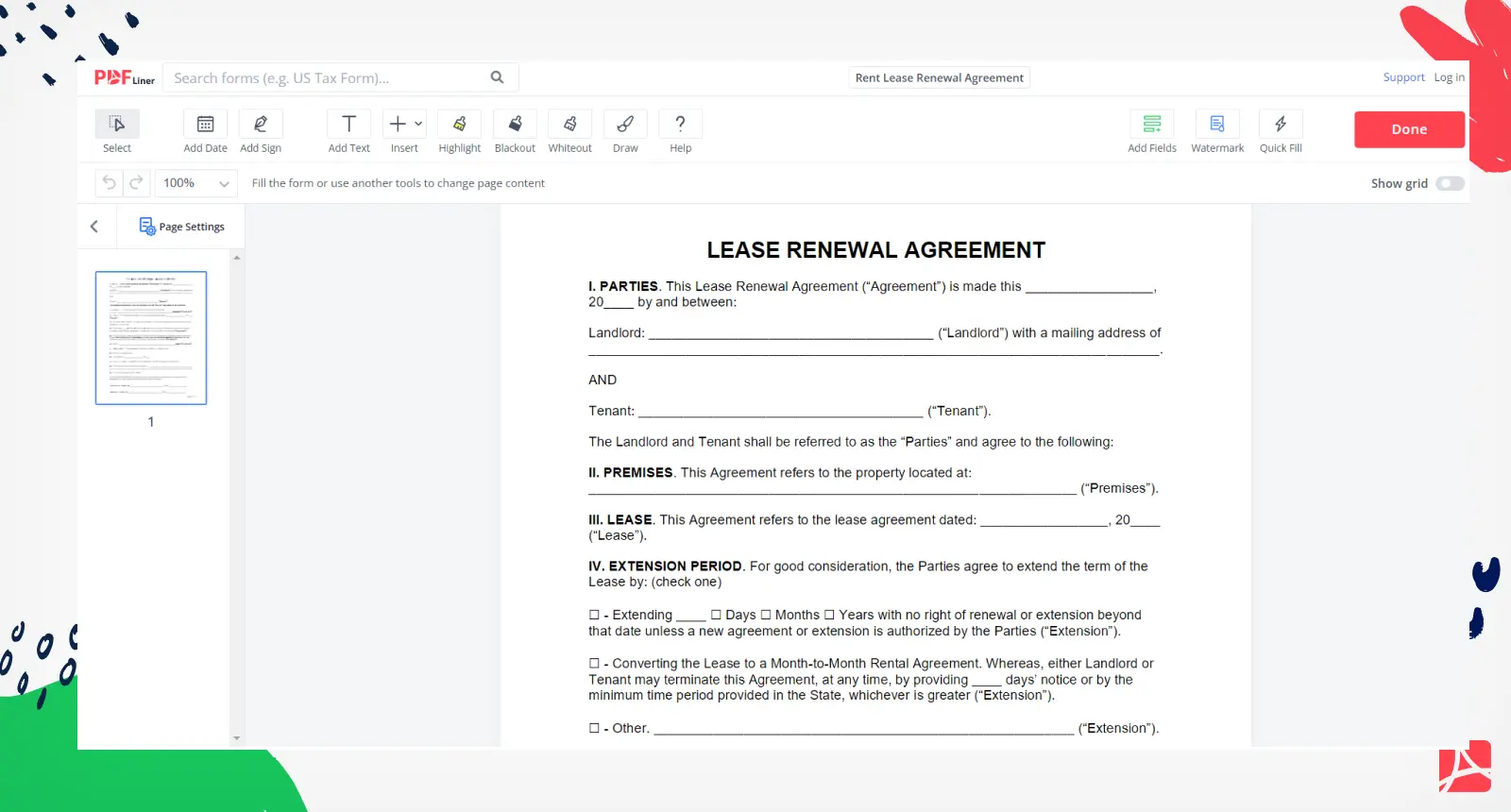 Rent Lease Renewal Agreement Form Screenshot