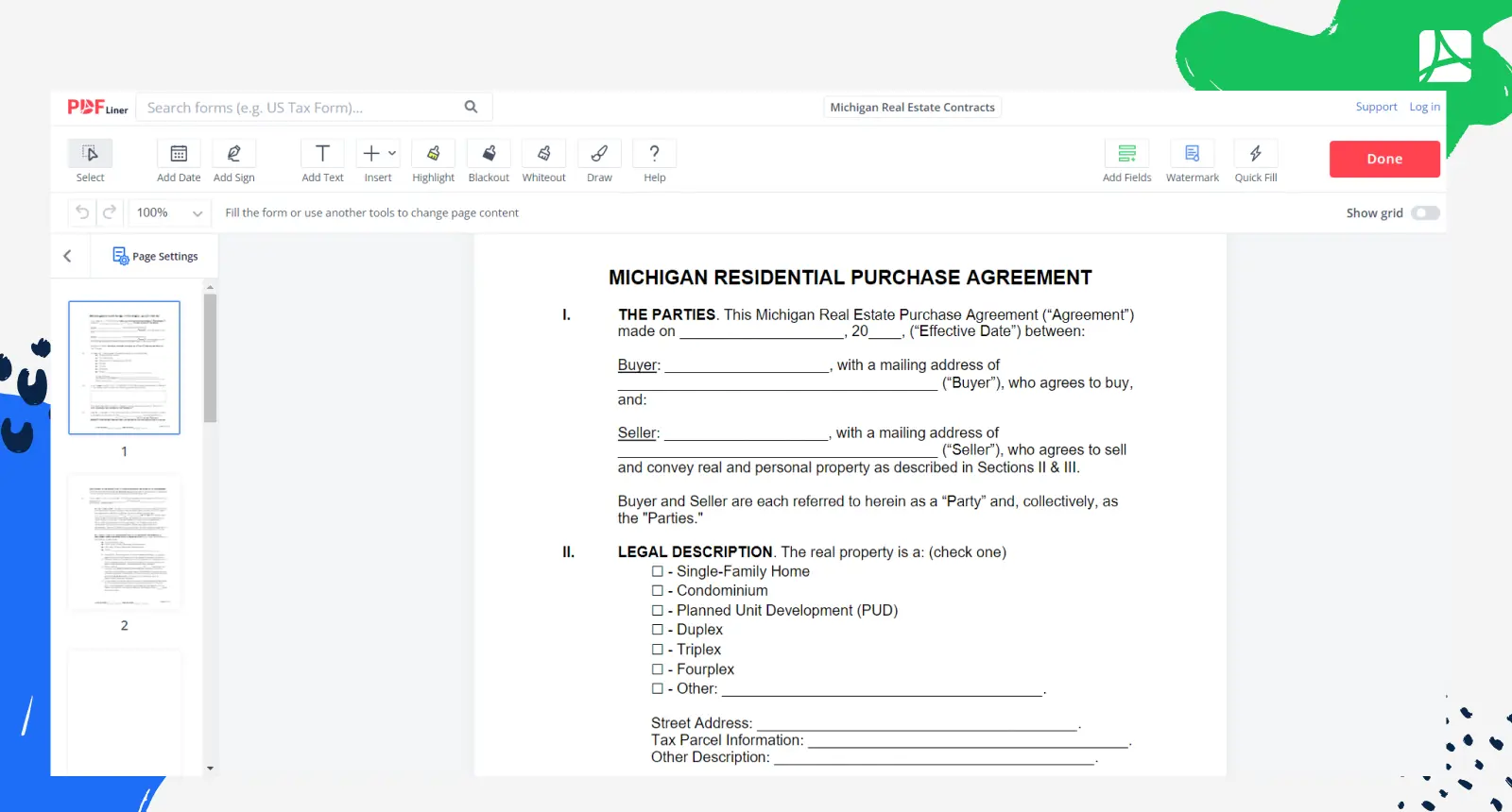 Michigan Real Estate Contract Form Screenshot
