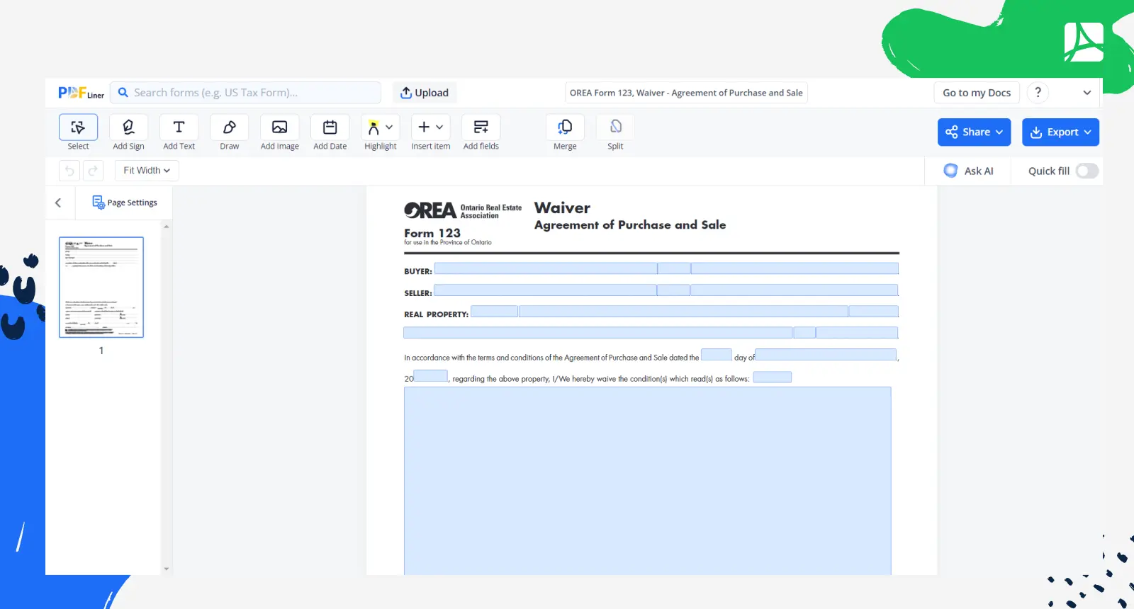 OREA Form 123 Waiver Agreement of Purchase and Sale Screenshot