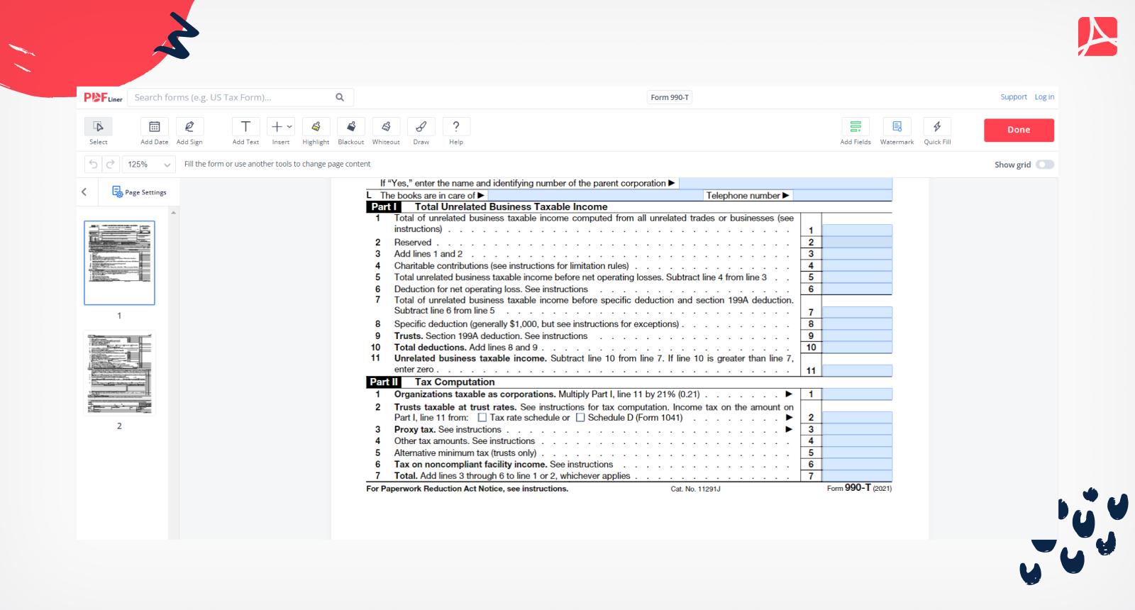 Filling Form 990-T on PDFLiner