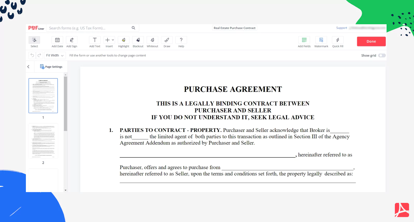 Real Estate Purchase Contract on PDFLiner