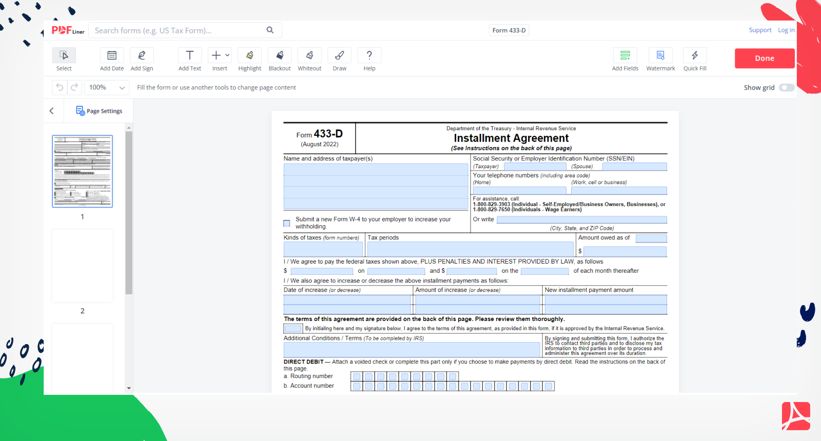 IRS Form 433 D Screenshot