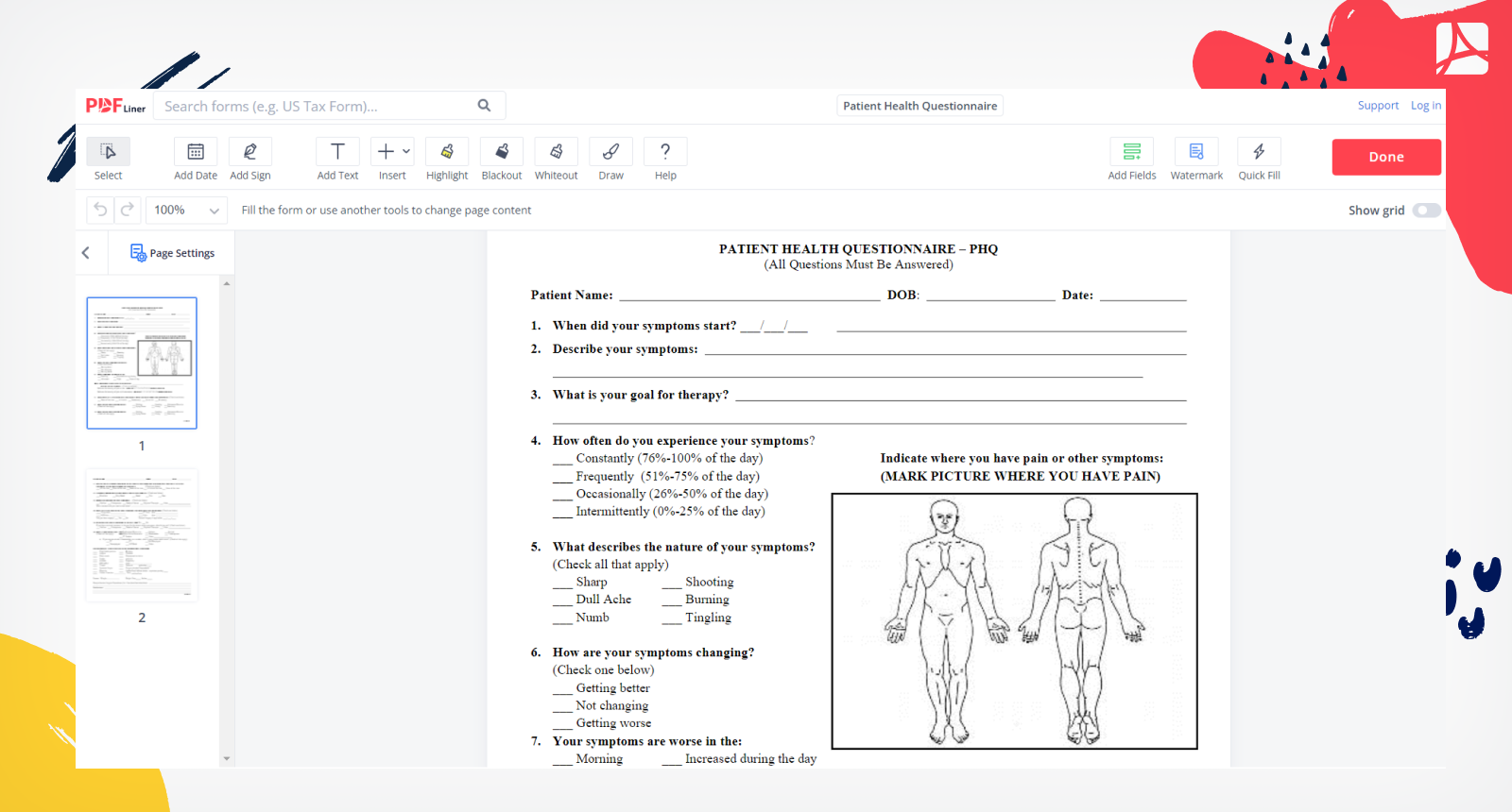 Patient Health Questionnaire Form Screenshot