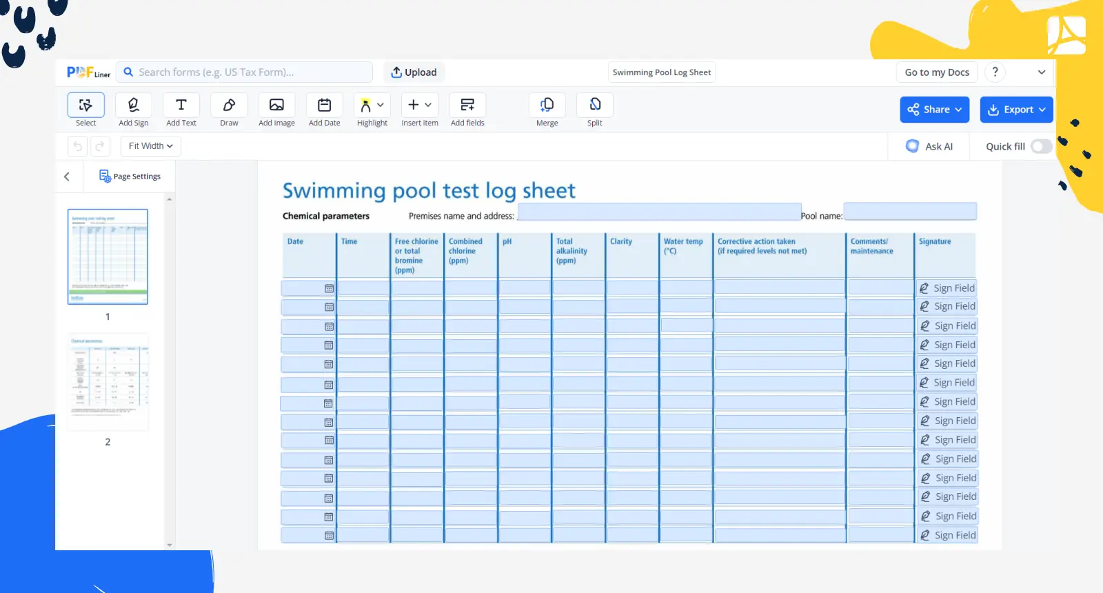 Swimming Pool Log Sheet Screenshot