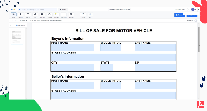 Tennessee Motor Vehicle Bill of Sale screenshot
