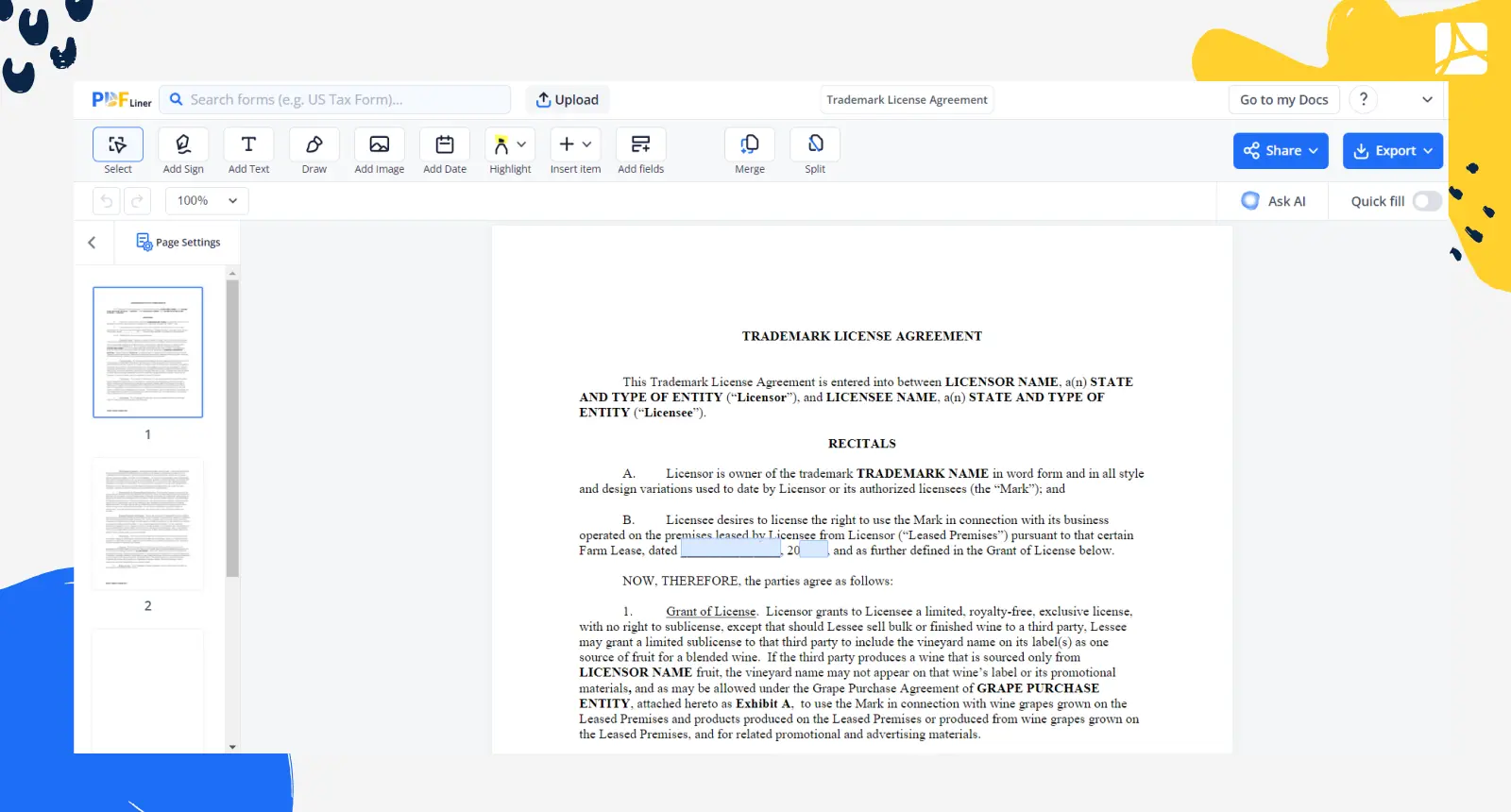 Trademark License Agreement Screenshot