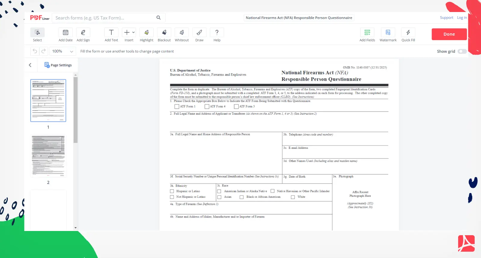 National Firearms Act (NFA) Responsible Person Questionnaire Form Screenshot